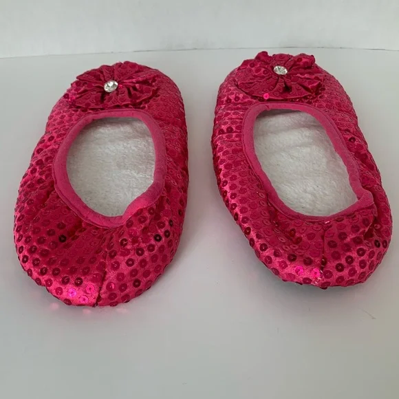 Ballet Slippers Pink Sequin Flower Clear Rhinestone Fur Lined Women's - Picture 6 of 12